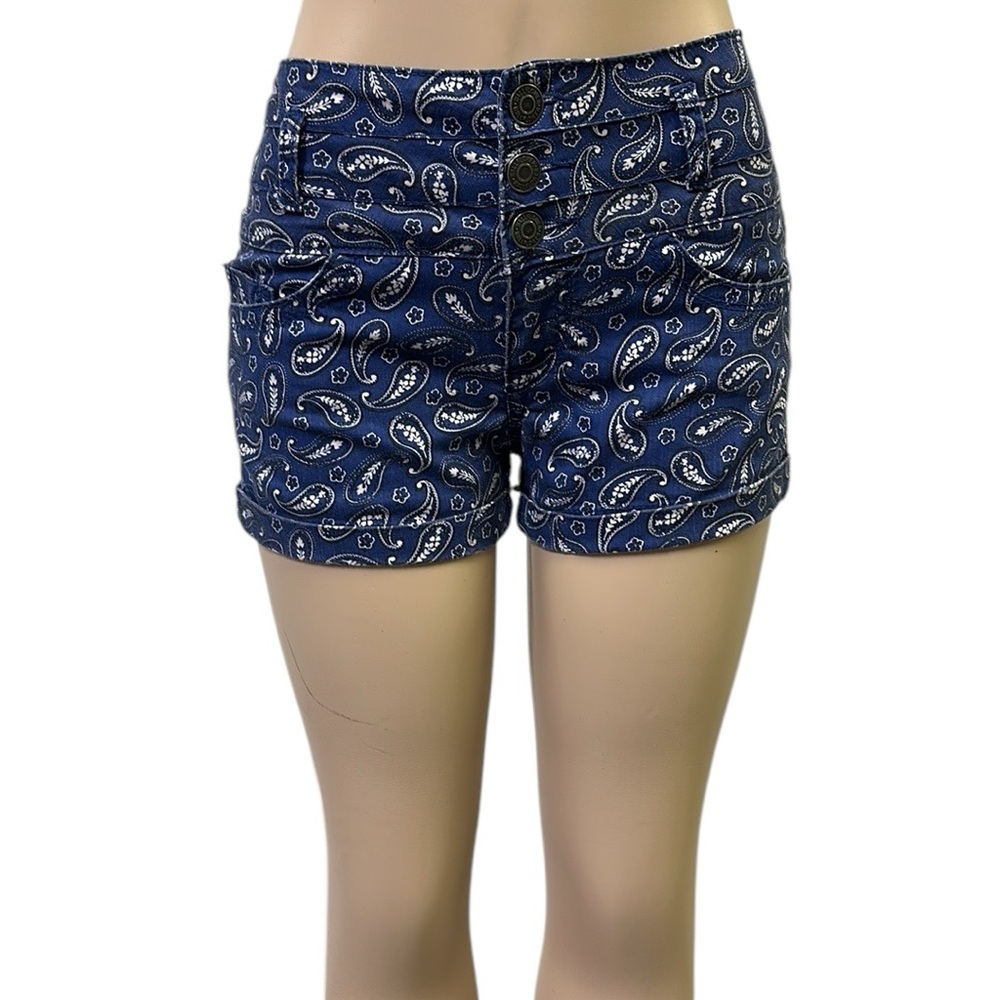 Wallflower High Rise Waist Blue Paisley Cuffed Stretch Shorts Juniors 9